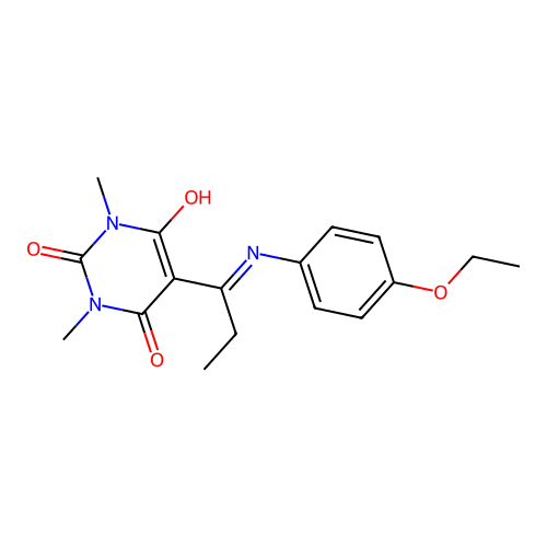 5-(1-((4-ethoxyphenyl)amino)propylidene)-1,3-dimethylpyrimidine-2,4,6(1H,3H,5H)-trione structure