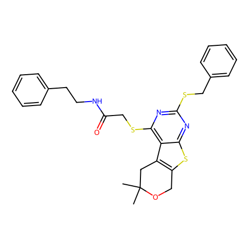 2-((2-(benzylthio)-6,6-dimethyl-6,8-dihydro-5H-pyrano[4',3':4,5]thieno[2,3-d]pyrimidin-4-yl)thio)-N-phenethylacetamide structure