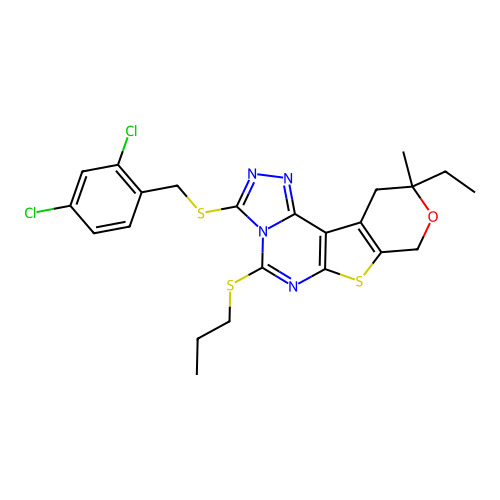 3-((2,4-dichlorobenzyl)thio)-10-ethyl-10-methyl-5-(propylthio)-10,11-dihydro-8H-pyrano[4',3':4,5]thieno[3,2-e][1,2,4]triazolo[4,3-c]pyrimidine structure