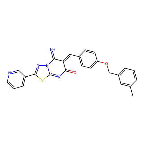 (6Z)-5-imino-6-[[4-[(3-methylphenyl)methoxy]phenyl]methylidene]-2-pyridin-3-yl-[1,3,4]thiadiazolo[3,2-a]pyrimidin-7-one structure