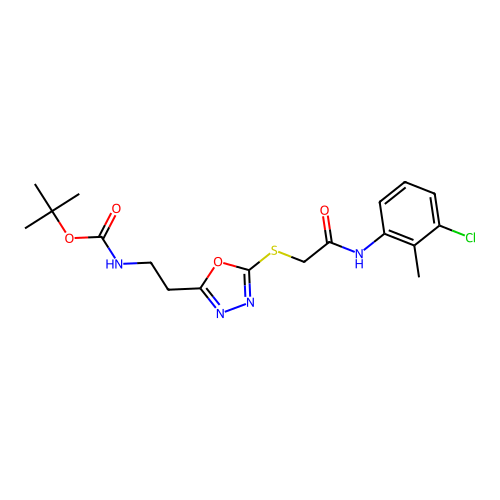 tert-butyl (2-(5-((2-((3-chloro-2-methylphenyl)amino)-2-oxoethyl)thio)-1,3,4-oxadiazol-2-yl)ethyl)carbamate structure
