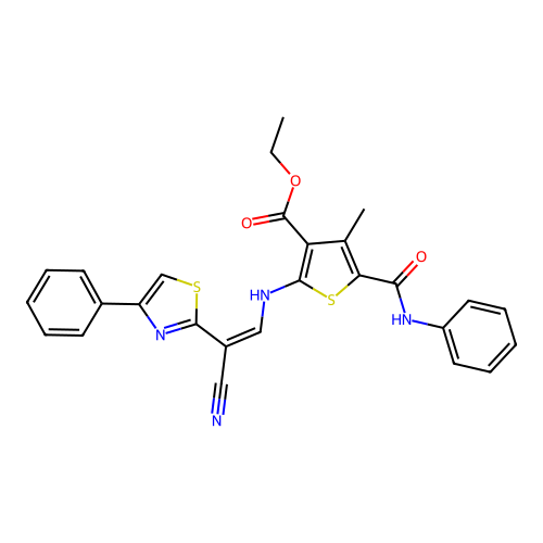 (Z)-ethyl 2-((2-cyano-2-(4-phenylthiazol-2-yl)vinyl)amino)-4-methyl-5-(phenylcarbamoyl)thiophene-3-carboxylate structure
