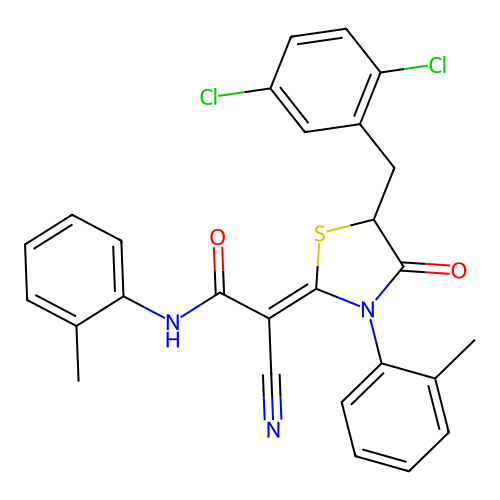 (2Z)-2-cyano-2-[5-(2,5-dichlorobenzyl)-3-(2-methylphenyl)-4-oxo-1,3-thiazolidin-2-ylidene]-N-(2-methylphenyl)ethanamide structure