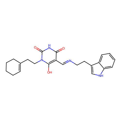 (5Z)-1-[2-(cyclohexen-1-yl)ethyl]-5-[[2-(1H-indol-3-yl)ethylamino]methylidene]-1,3-diazinane-2,4,6-trione structure