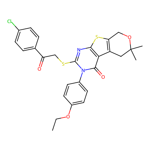 2-((2-(4-chlorophenyl)-2-oxoethyl)thio)-3-(4-ethoxyphenyl)-6,6-dimethyl-5,6-dihydro-3H-pyrano[4',3':4,5]thieno[2,3-d]pyrimidin-4(8H)-one structure