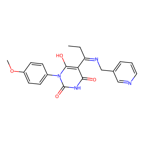 1-(4-methoxyphenyl)-5-[1-(pyridin-3-ylmethylamino)propylidene]-1,3-diazinane-2,4,6-trione structure
