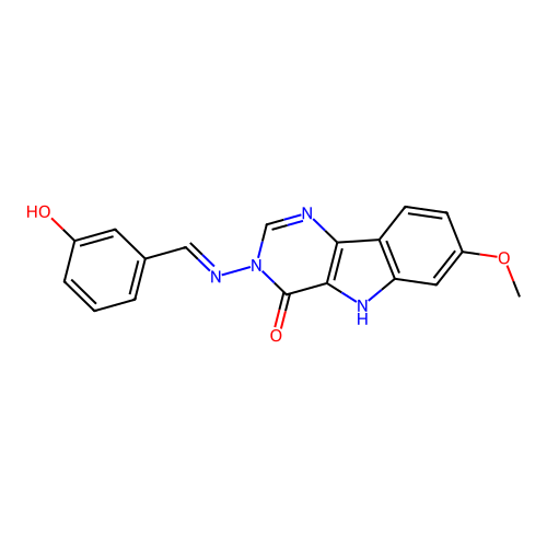 (E)-3-((3-hydroxybenzylidene)amino)-7-methoxy-3H-pyrimido[5,4-b]indol-4(5H)-one structure