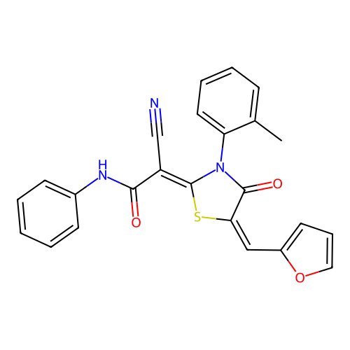 (2Z)-2-cyano-2-[(5E)-5-(furan-2-ylmethylidene)-3-(2-methylphenyl)-4-oxo-1,3-thiazolidin-2-ylidene]-N-phenylacetamide structure
