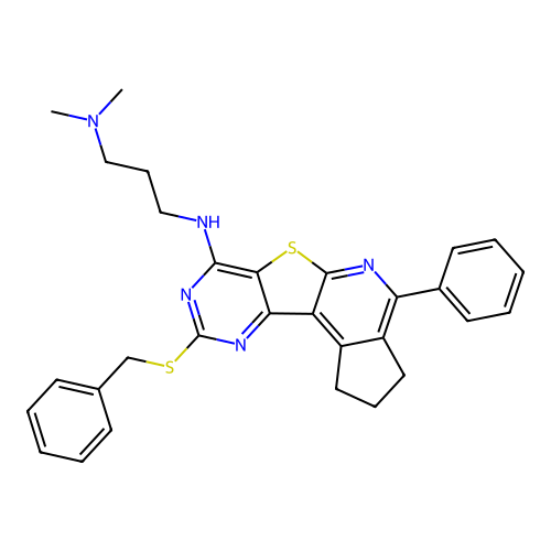 N'-[9-(benzylsulfanyl)-4-phenyl-2,3-dihydro-1H-cyclopenta[4',5']pyrido[3',2':4,5]thieno[3,2-d]pyrimidin-7-yl]-N,N-dimethylpropane-1,3-diamine structure
