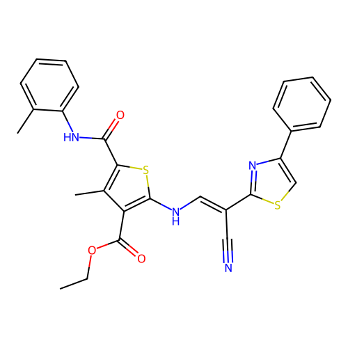 (E)-ethyl 2-((2-cyano-2-(4-phenylthiazol-2-yl)vinyl)amino)-4-methyl-5-(o-tolylcarbamoyl)thiophene-3-carboxylate structure