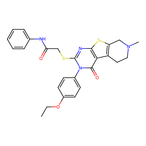 2-((3-(4-ethoxyphenyl)-7-methyl-4-oxo-3,4,5,6,7,8-hexahydropyrido[4',3':4,5]thieno[2,3-d]pyrimidin-2-yl)thio)-N-phenylacetamide structure