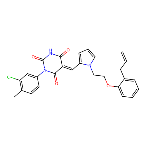 (5E)-1-(3-chloro-4-methylphenyl)-5-[[1-[2-(2-prop-2-enylphenoxy)ethyl]pyrrol-2-yl]methylidene]-1,3-diazinane-2,4,6-trione structure