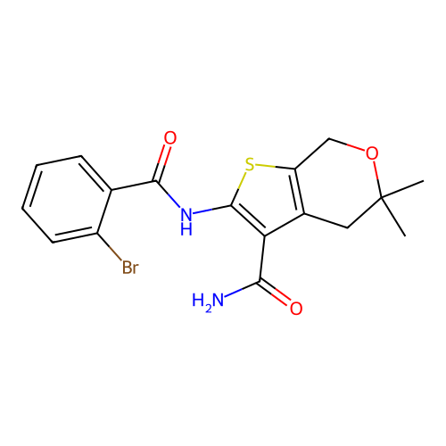 2-(2-bromobenzamido)-5,5-dimethyl-5,7-dihydro-4H-thieno[2,3-c]pyran-3-carboxamide structure