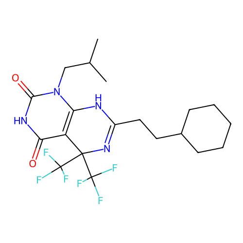 7-(2-Cyclohexyl-ethyl)-1-isobutyl-5,5-bis-trifluoromethyl-5,8-dihydro-1H-pyrimido[4,5-d]pyrimidine-2,4-dione structure