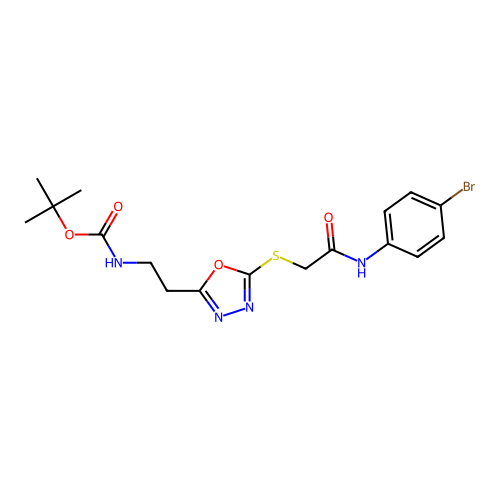 (2-{5-[(4-Bromo-phenylcarbamoyl)-methylsulfanyl]-[1,3,4]oxadiazol-2-yl}-ethyl)-carbamic acid tert-butyl  ester structure