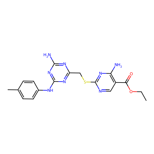 ethyl 4-amino-2-[[4-amino-6-(4-methylanilino)-1,3,5-triazin-2-yl]methylsulfanyl]pyrimidine-5-carboxylate structure