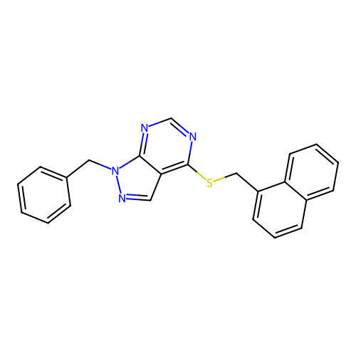1-benzyl-4-[(naphthalen-1-ylmethyl)sulfanyl]-1H-pyrazolo[3,4-d]pyrimidine structure