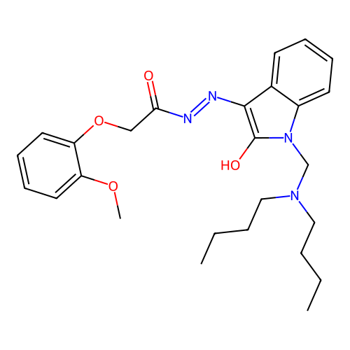 N-[(Z)-[1-[(dibutylamino)methyl]-2-oxoindol-3-ylidene]amino]-2-(2-methoxyphenoxy)acetamide structure