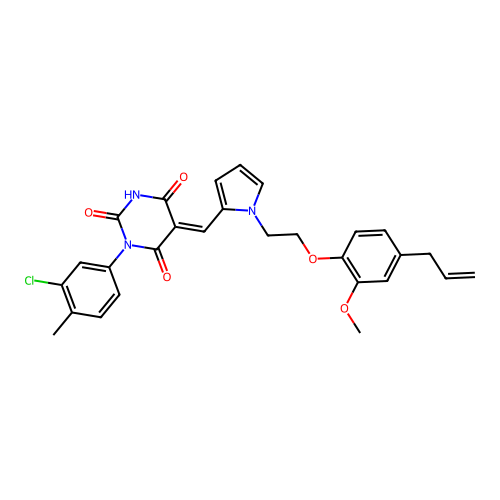 (5E)-1-(3-chloro-4-methylphenyl)-5-[[1-[2-(2-methoxy-4-prop-2-enylphenoxy)ethyl]pyrrol-2-yl]methylidene]-1,3-diazinane-2,4,6-trione structure
