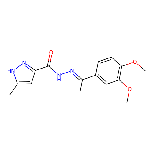 (E)-N'-(1-(3,4-dimethoxyphenyl)ethylidene)-3-methyl-1H-pyrazole-5-carbohydrazide structure