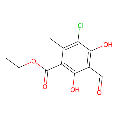 Benzoic acid, 3-chloro-5-formyl-4,6-dihydroxy-2-methyl-, ethyl ester structure