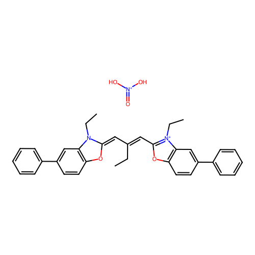 dihydroxy(oxo)azanium; (2Z)-3-ethyl-2-[(2E)-2-[(3-ethyl-5-phenyl-1,3-benzoxazol-3-ium-2-yl)methylidene]butylidene]-5-phenyl-1,3-benzoxazole structure