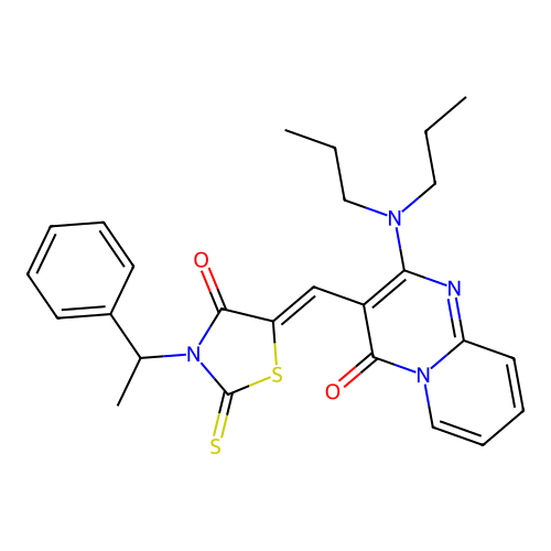 2-(dipropylamino)-3-{(Z)-[4-oxo-3-(1-phenylethyl)-2-thioxo-1,3-thiazolidin-5-ylidene]methyl}-4H-pyrido[1,2-a]pyrimidin-4-one structure