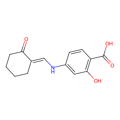 2-hydroxy-4-{[(E)-(2-oxocyclohexylidene)methyl]amino}benzoic acid structure