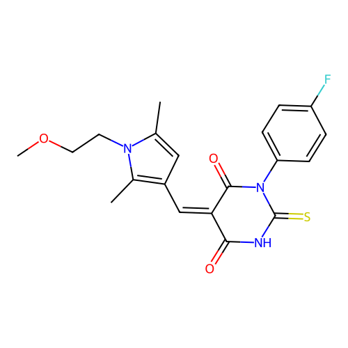 (5Z)-1-(4-fluorophenyl)-5-[[1-(2-methoxyethyl)-2,5-dimethylpyrrol-3-yl]methylidene]-2-sulfanylidene-1,3-diazinane-4,6-dione structure