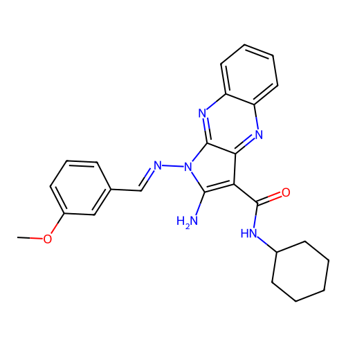 (E)-2-amino-N-cyclohexyl-1-((3-methoxybenzylidene)amino)-1H-pyrrolo[2,3-b]quinoxaline-3-carboxamide structure