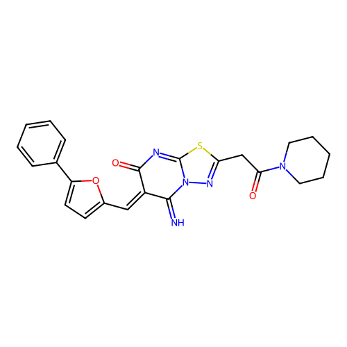 (6Z)-5-imino-2-(2-oxo-2-piperidin-1-ylethyl)-6-[(5-phenylfuran-2-yl)methylidene]-[1,3,4]thiadiazolo[3,2-a]pyrimidin-7-one structure