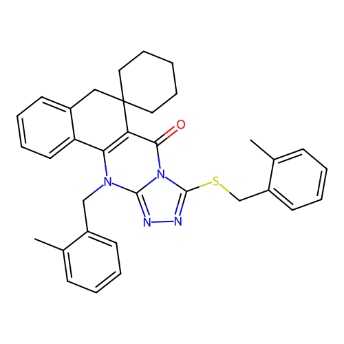 12-(2-methylbenzyl)-9-((2-methylbenzyl)thio)-5H-spiro[benzo[h][1,2,4]triazolo[3,4-b]quinazoline-6,1'-cyclohexan]-7(12H)-one structure