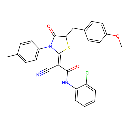 (2Z)-N-(2-chlorophenyl)-2-cyano-2-[5-(4-methoxybenzyl)-3-(4-methylphenyl)-4-oxo-1,3-thiazolidin-2-ylidene]ethanamide structure