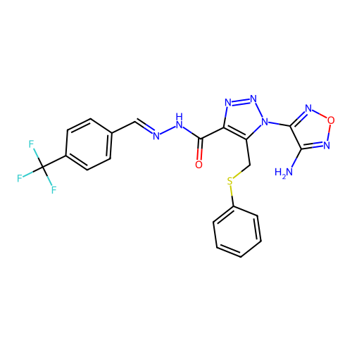 (E)-1-(4-amino-1,2,5-oxadiazol-3-yl)-5-((phenylthio)methyl)-N'-(4-(trifluoromethyl)benzylidene)-1H-1,2,3-triazole-4-carbohydrazide structure