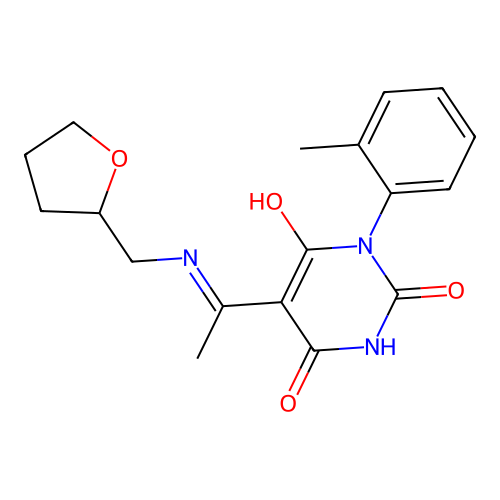 1-(2-methylphenyl)-5-[1-(oxolan-2-ylmethylamino)ethylidene]-1,3-diazinane-2,4,6-trione structure