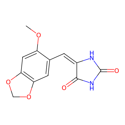 (5E)-5-[(6-methoxy-1,3-benzodioxol-5-yl)methylidene]imidazolidine-2,4-dione structure