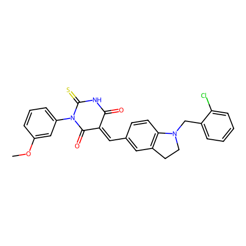 (5E)-5-[[1-[(2-chlorophenyl)methyl]-2,3-dihydroindol-5-yl]methylidene]-1-(3-methoxyphenyl)-2-sulfanylidene-1,3-diazinane-4,6-dione structure