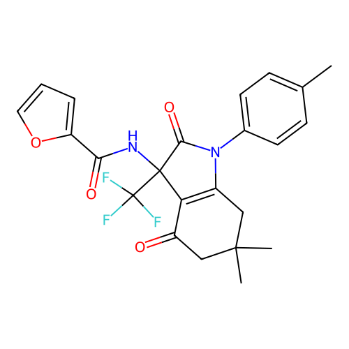 N-[6,6-dimethyl-1-(4-methylphenyl)-2,4-dioxo-3-(trifluoromethyl)-2,3,4,5,6,7-hexahydro-1H-indol-3-yl]furan-2-carboxamide structure