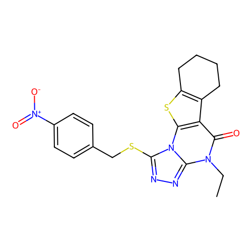 4-ethyl-1-((4-nitrobenzyl)thio)-6,7,8,9-tetrahydrobenzo[4,5]thieno[3,2-e][1,2,4]triazolo[4,3-a]pyrimidin-5(4H)-one structure