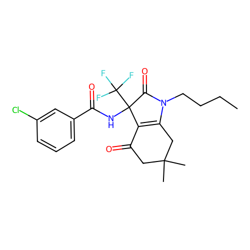 N-[1-butyl-6,6-dimethyl-2,4-dioxo-3-(trifluoromethyl)-2,3,4,5,6,7-hexahydro-1H-indol-3-yl]-3-chlorobenzamide structure