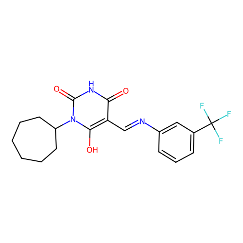 (5E)-1-cycloheptyl-5-[[3-(trifluoromethyl)anilino]methylidene]-1,3-diazinane-2,4,6-trione structure