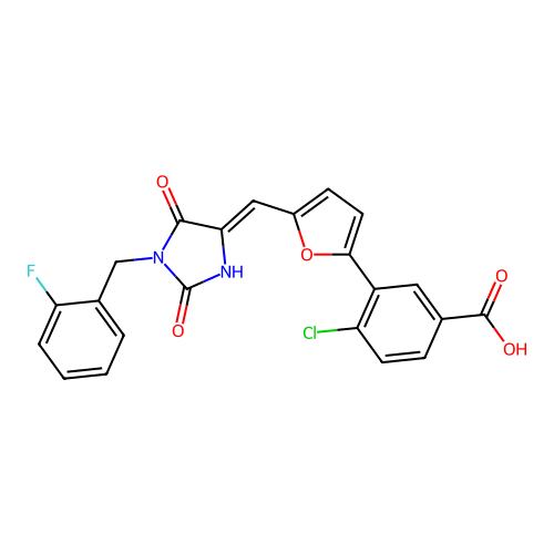 (Z)-4-chloro-3-(5-((1-(2-fluorobenzyl)-2,5-dioxoimidazolidin-4-ylidene)methyl)furan-2-yl)benzoic acid structure
