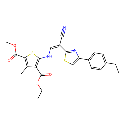 (Z)-4-ethyl 2-methyl 5-((2-cyano-2-(4-(4-ethylphenyl)thiazol-2-yl)vinyl)amino)-3-methylthiophene-2,4-dicarboxylate structure