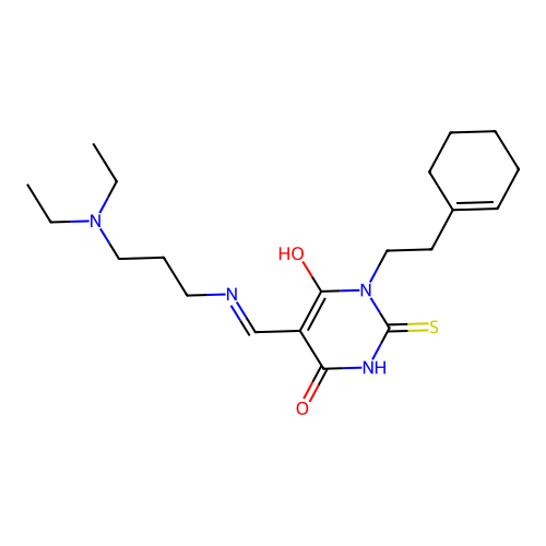 (5E)-1-[2-(cyclohex-1-en-1-yl)ethyl]-5-({[3-(diethylamino)propyl]amino}methylidene)-2-sulfanylpyrimidine-4,6(1H,5H)-dione structure