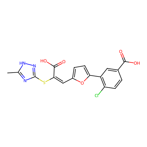 (2E)-3-[5-(5-carboxy-2-chlorophenyl)furan-2-yl]-2-[(3-methyl-1H-1,2,4-triazol-4-ium-5-yl)sulfanyl]prop-2-enoate structure
