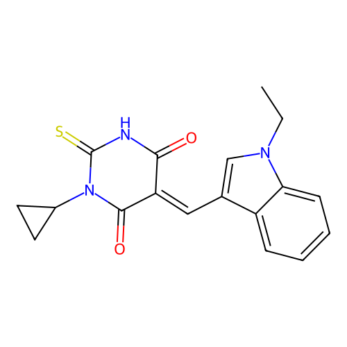 (5E)-1-cyclopropyl-5-[(1-ethyl-1H-indol-3-yl)methylidene]-2-sulfanylpyrimidine-4,6(1H,5H)-dione structure