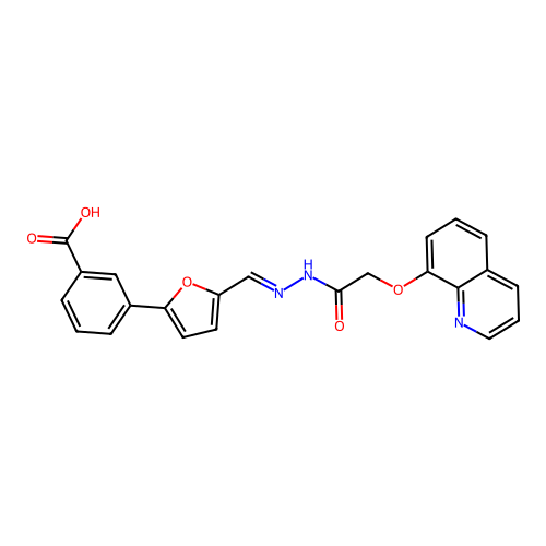 (E)-3-(5-((2-(2-(quinolin-8-yloxy)acetyl)hydrazono)methyl)furan-2-yl)benzoic acid structure