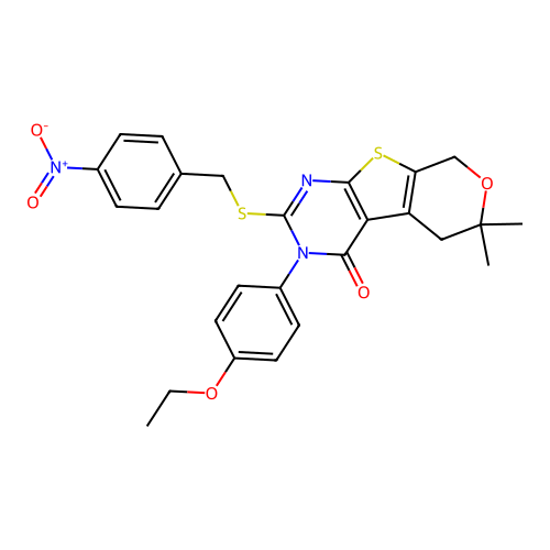 3-(4-ethoxyphenyl)-6,6-dimethyl-2-((4-nitrobenzyl)thio)-5,6-dihydro-3H-pyrano[4',3':4,5]thieno[2,3-d]pyrimidin-4(8H)-one structure