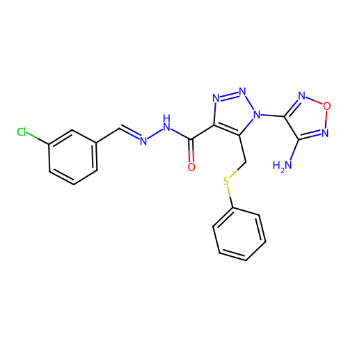 (E)-1-(4-amino-1,2,5-oxadiazol-3-yl)-N'-(3-chlorobenzylidene)-5-((phenylthio)methyl)-1H-1,2,3-triazole-4-carbohydrazide structure