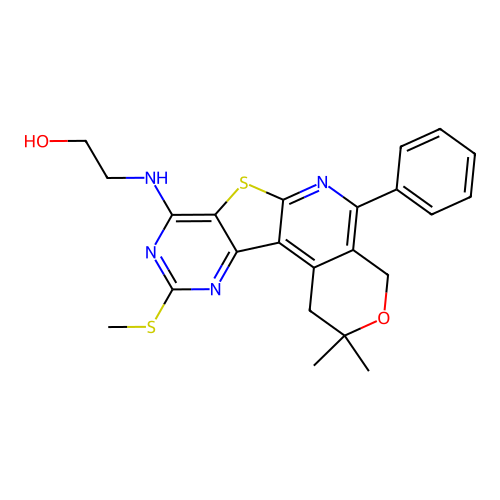 2-((2,2-dimethyl-10-(methylthio)-5-phenyl-2,4-dihydro-1H-pyrano[4'',3'':4',5']pyrido[3',2':4,5]thieno[3,2-d]pyrimidin-8-yl)amino)ethanol structure
